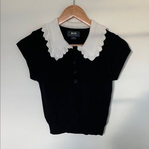 Maeve Anthropologie Black Knit Top w/ White Scalloped Collar XS